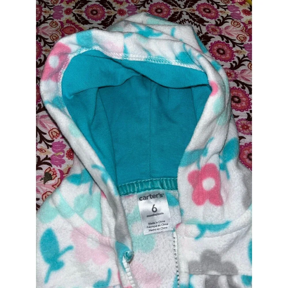 Baby Girl’s Carter’s Fleece Hooded Floral Print Zip Up Vest Size 6 Months